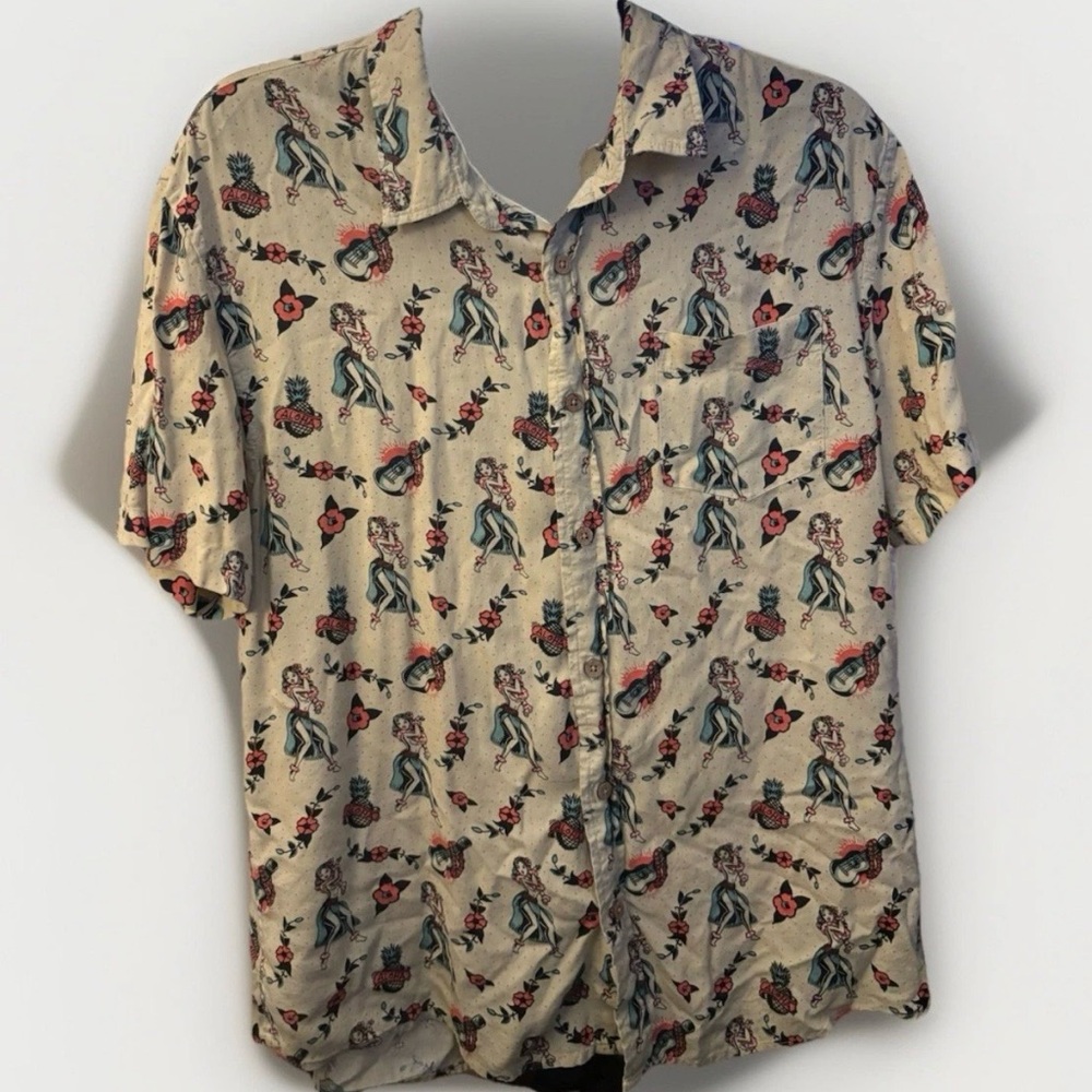 Kahuna Bay By Visitor Men’s Hawaii Shirt Cream Short Sleeve Hula Girl Sz XL